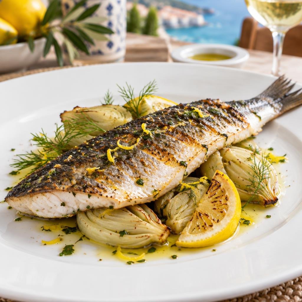 Loup grillé, fenouil confit